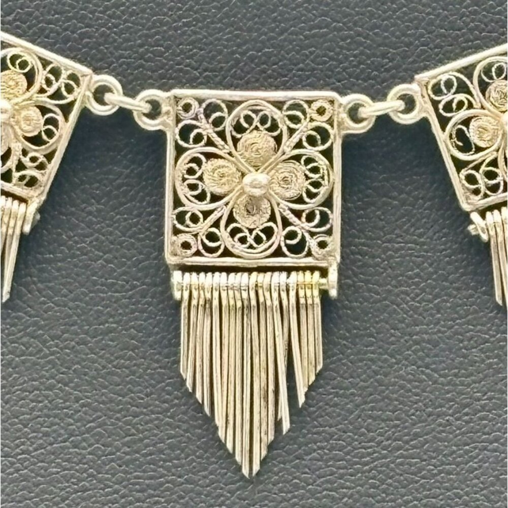 Vintage European Silver Delicate Filigree Squares Components With Dangles Collar - Picture 11 of 13